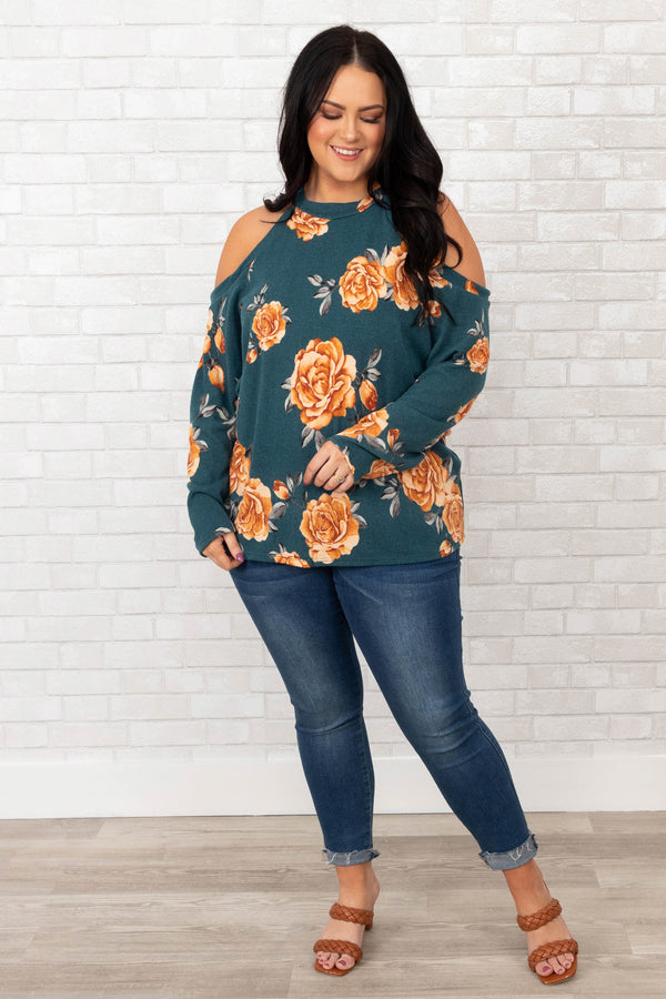Chic Soul plus size clothing, teal floral cold shoulder long sleeve top