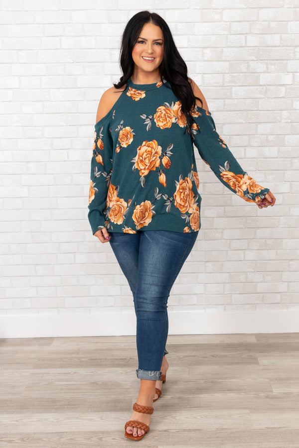 Chic Soul plus size clothing, teal floral cold shoulder long sleeve top