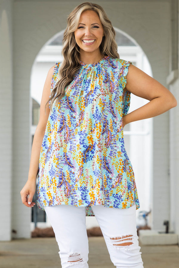 Chic Soul plus size clothing, aqua mint flowy top with multicolor leaf pattern and flutter sleeves