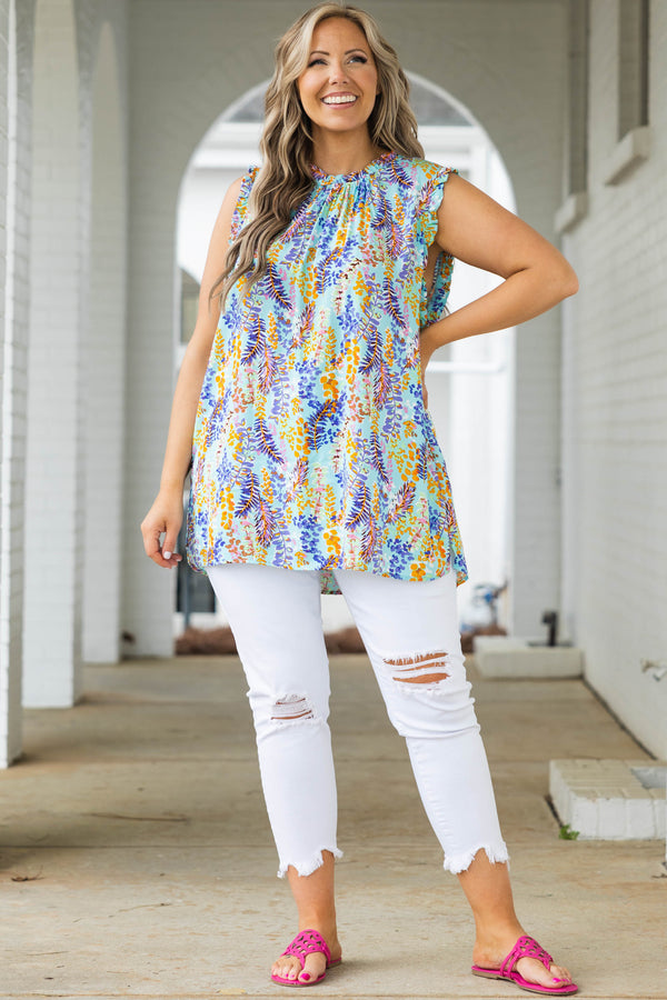 Chic Soul plus size clothing, aqua mint flowy top with multicolor leaf pattern and flutter sleeves