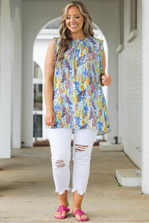 Chic Soul plus size clothing, aqua mint flowy top with multicolor leaf pattern and flutter sleeves