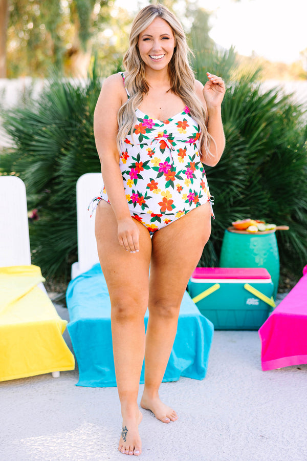 Chic Soul plus size clothing, white floral tankini with cinch at the top