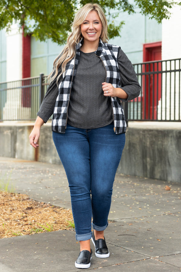 Chic Soul plus size clothing, black and ivroy flannel vest