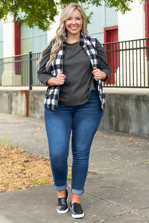 Chic Soul plus size clothing, black and ivroy flannel vest