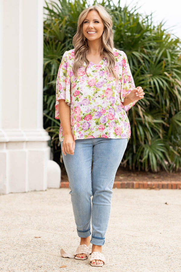 Chic Soul plus size clothing, ivory multicolor floral top with flowy sleeves