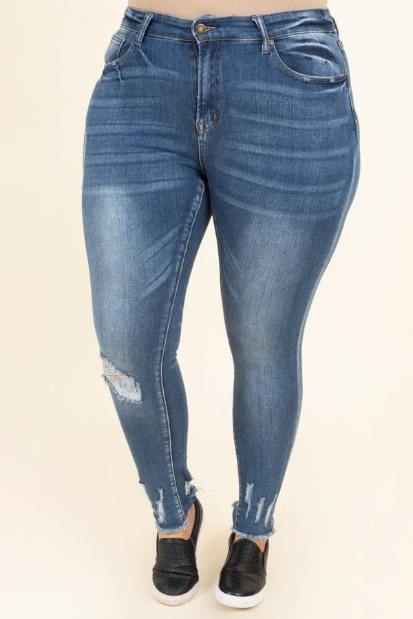 Chic Soul plus size clothing, medium wash distressed skinny jeans