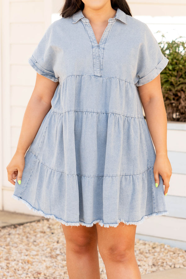Chic Soul plus size clothing, light wash denim short sleeve distressed bottom dress