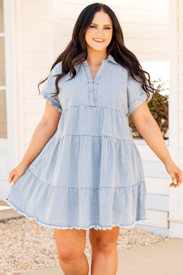 Chic Soul plus size clothing, light wash denim short sleeve distressed bottom dress