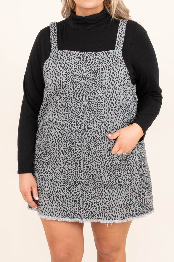 Chic Soul plus size clothing, gray black leopard print casual overall dress with front pockets