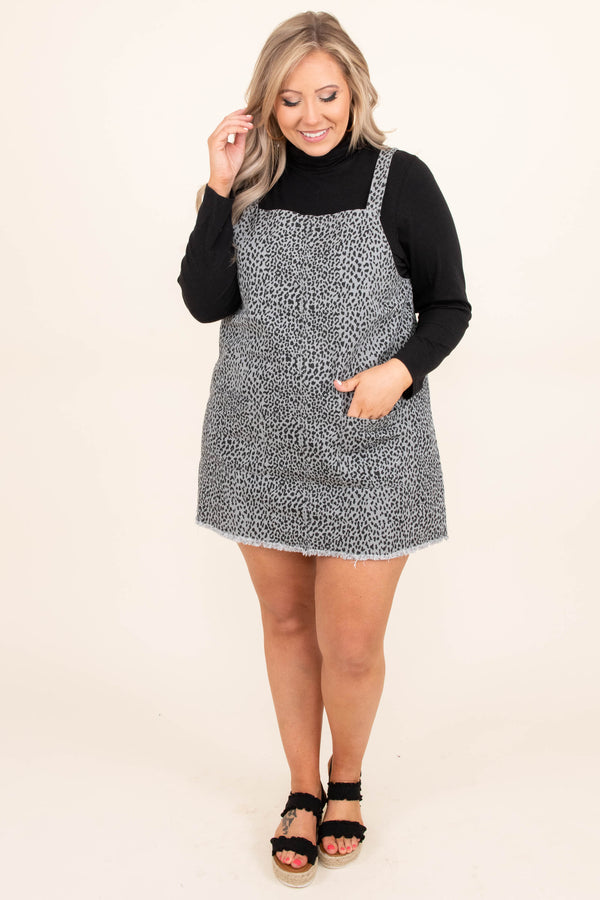 Chic Soul plus size clothing, gray black leopard print casual overall dress with front pockets