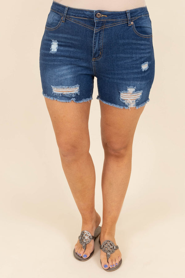 Chic Soul plus size clothing, dark blue distressed denim shorts with frayed hemline