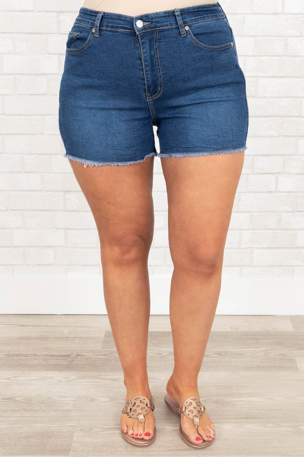 Chic Soul plus size clothing, medium wash denim shorts with frayed hemline