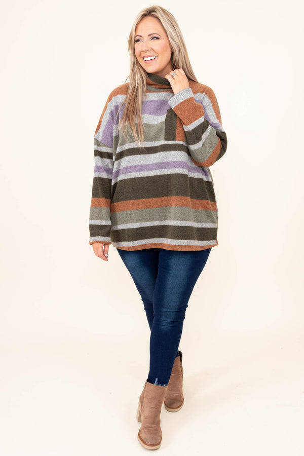 Chic Soul plus size clothing, olive and multi colored striped turtle neck