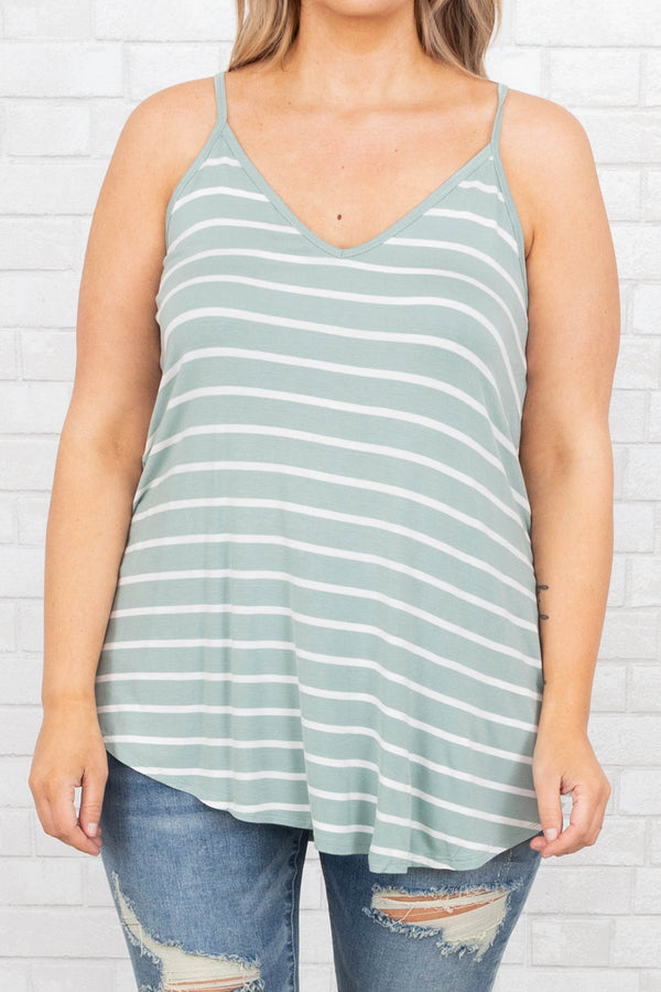 Chic Soul plus size clothing, dusty green striped flowy tank
