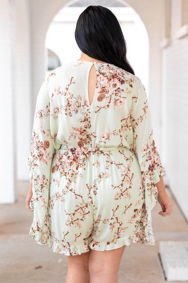Chic Soul plus size clothing, light green romper with neutral colored florals