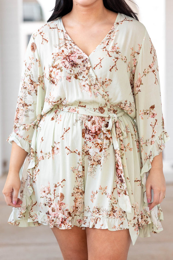 Chic Soul plus size clothing, light green romper with neutral colored florals