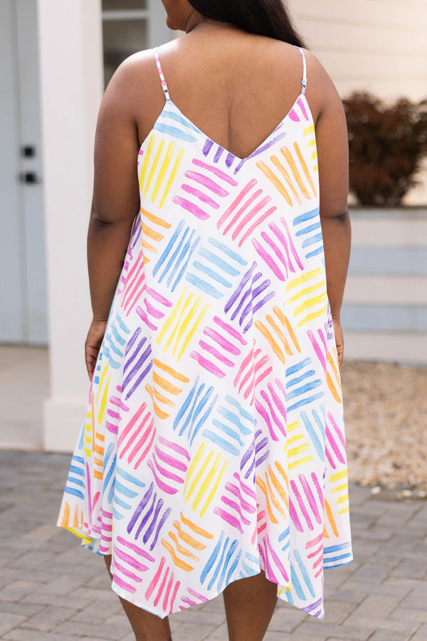 Chic Soul plus size clothing, ivory spaghetti strap dress with multicolor abstract design