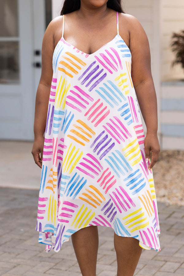 Chic Soul plus size clothing, ivory spaghetti strap dress with multicolor abstract design