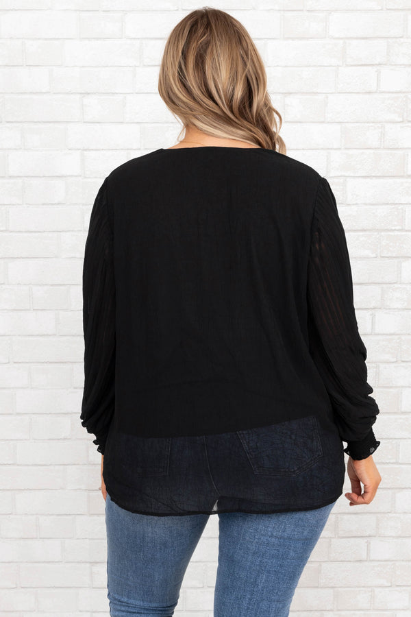 Chic Soul plus size clothing, black v neck top with pleated sleeves