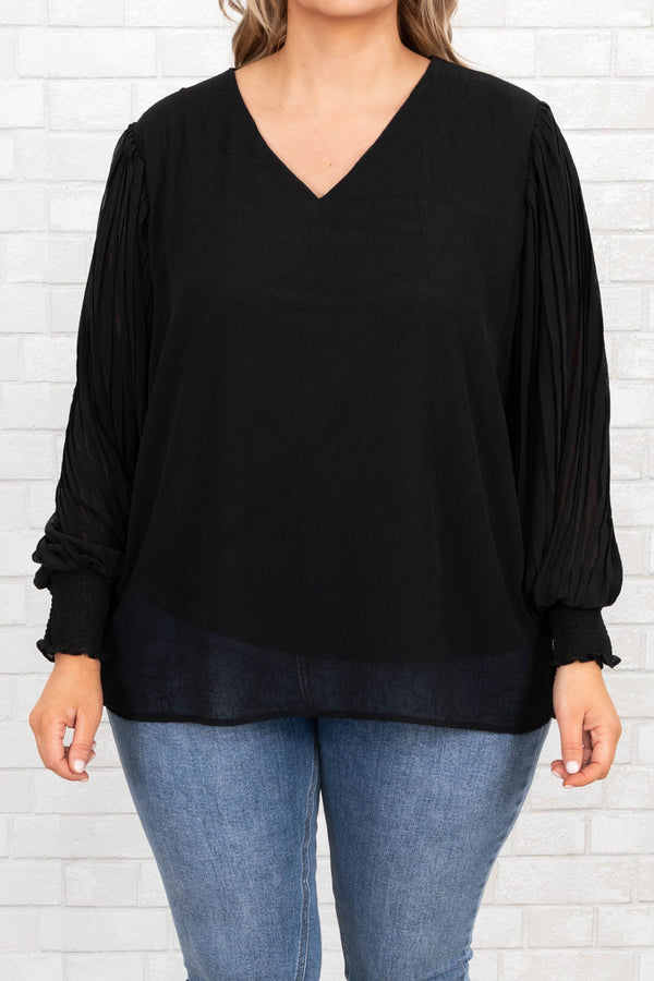 Chic Soul plus size clothing, black v neck top with pleated sleeves