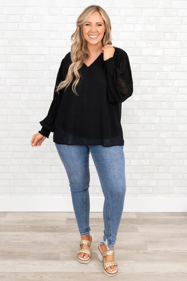 Chic Soul plus size clothing, black v neck top with pleated sleeves