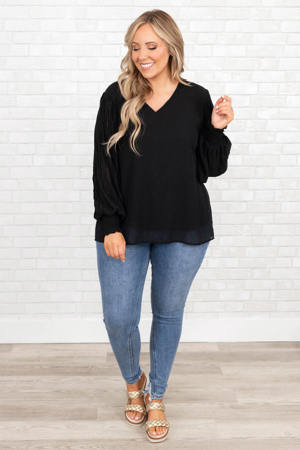 Chic Soul plus size clothing, black v neck top with pleated sleeves