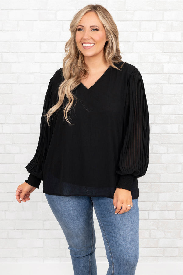 Chic Soul plus size clothing, black v neck top with pleated sleeves