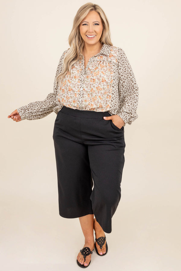 Chic Soul plus size clothing, floral multi design v neck long bubble sleeve blouse in natural tones