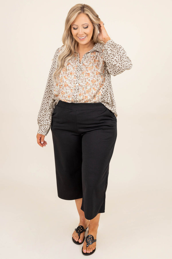Chic Soul plus size clothing, floral multi design v neck long bubble sleeve blouse in natural tones