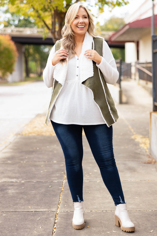 Chic Soul plus size clothing, olive and white vest