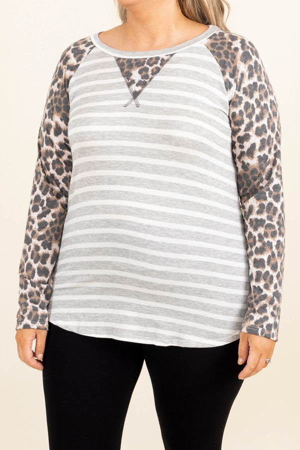 Chic Soul plus size clothing, white and grey stripped with leopard print long sleeves and neck detailing top