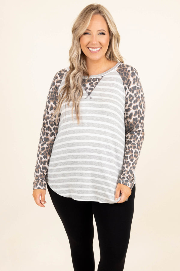 Chic Soul plus size clothing, white and grey stripped with leopard print long sleeves and neck detailing top 