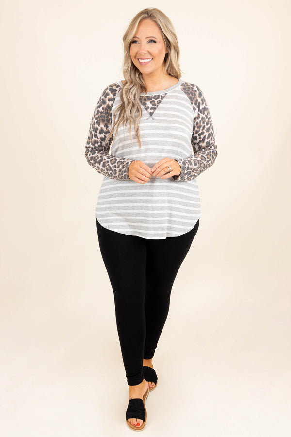 Chic Soul plus size clothing, white and grey stripped with leopard print long sleeves and neck detailing top