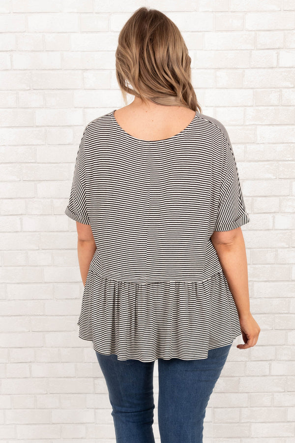 Chic Soul plus size clothing, black and white striped babydoll style top