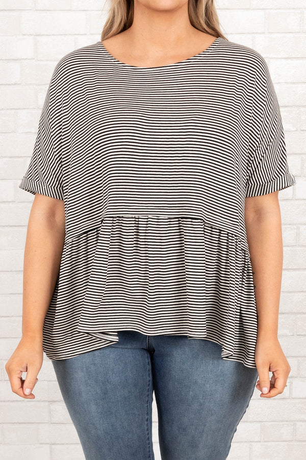 Chic Soul plus size clothing, black and white striped babydoll style top