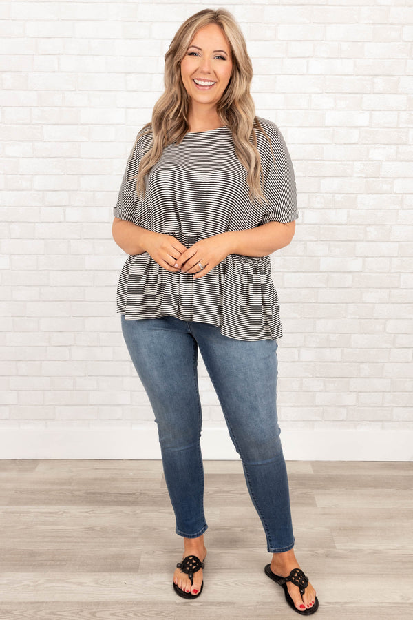 Chic Soul plus size clothing, black and white striped babydoll style top