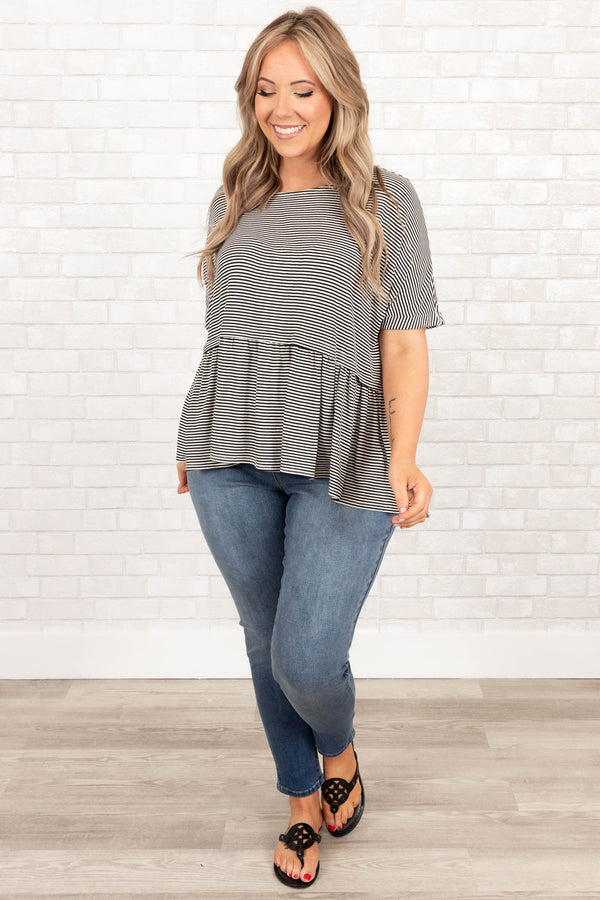Chic Soul plus size clothing, black and white striped babydoll style top