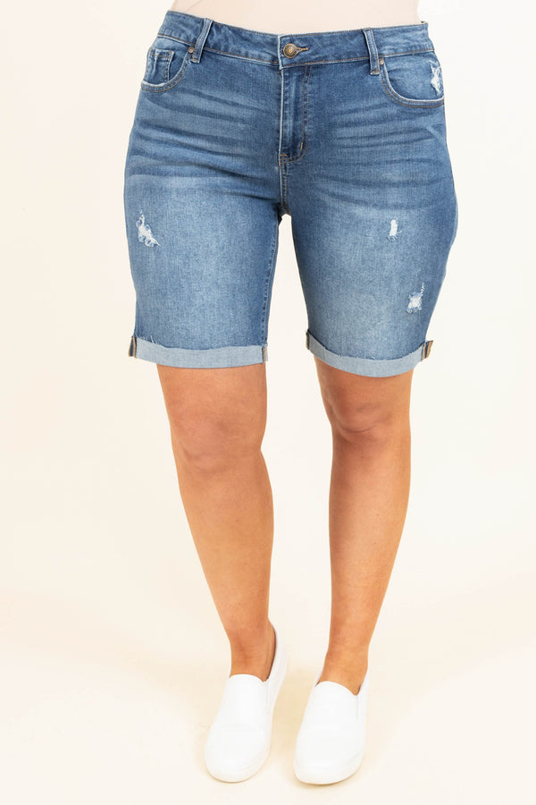 Chic Soul plus size clothing, medium wash slightly distressed denim shorts