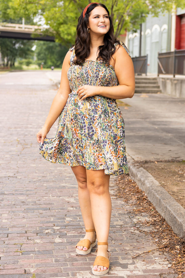 Chic Soul plus size clothing, green moss multi color floral tank style tie sleeves babydoll dress