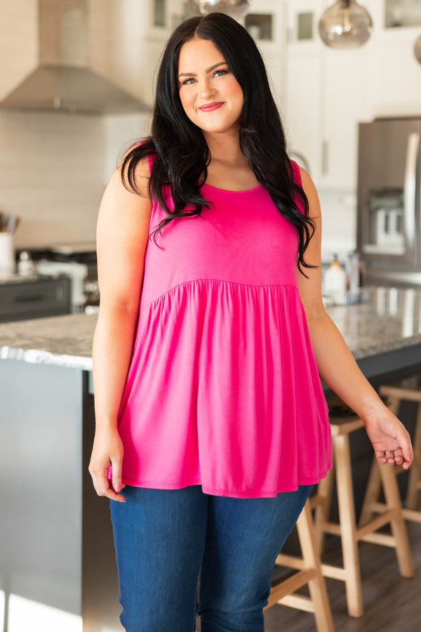 Plus Size fuchsia babydoll tank top with a scoop neckline and gathered waist in soft rayon fabric.