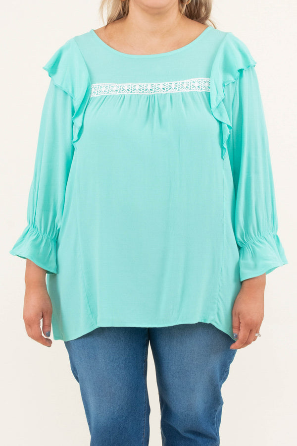 Chic Soul plus size clothing, mint blue 3/4 length bubble sleeve top