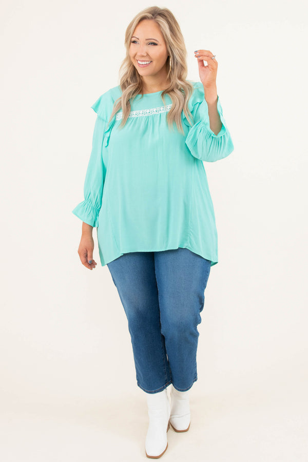Chic Soul plus size clothing, mint blue 3/4 length bubble sleeve top
