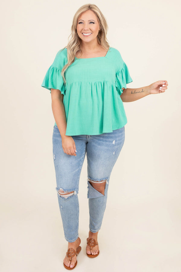 Chic Soul plus size clothing, emerald square neck short bell sleeve babydoll top