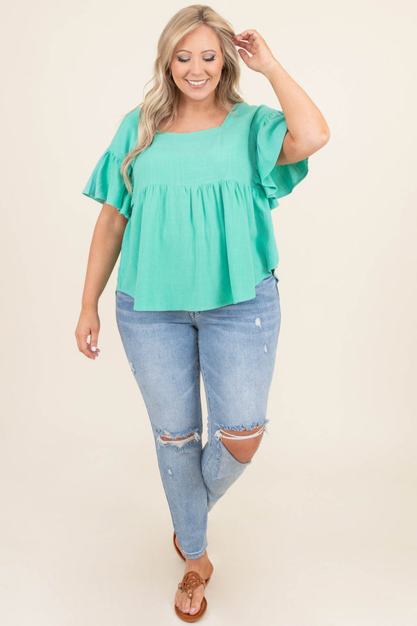 Chic Soul plus size clothing, emerald square neck short bell sleeve babydoll top