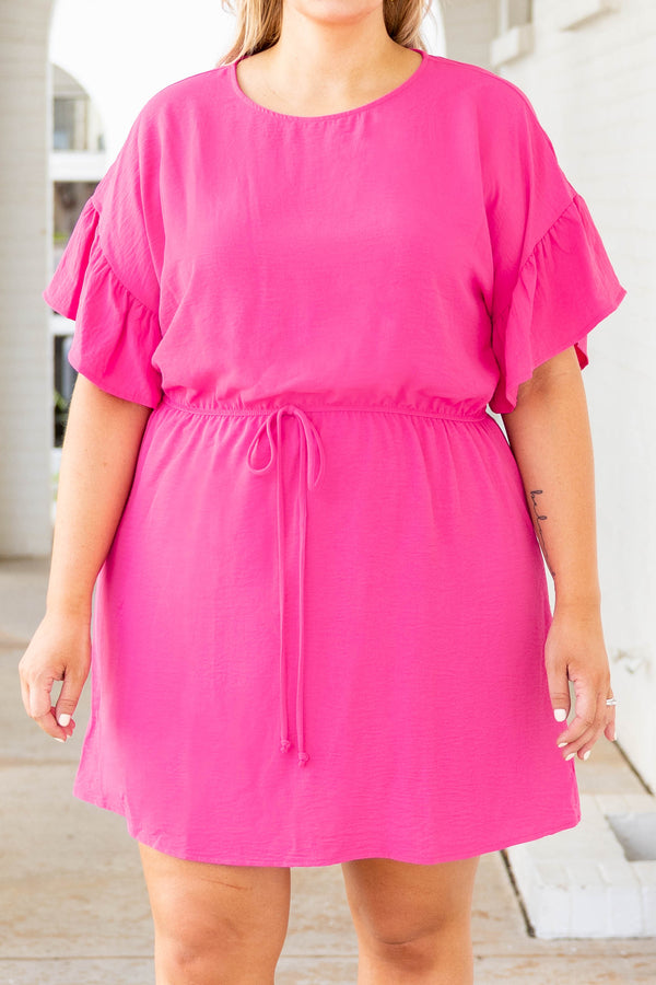 Chic Soul plus size clothing, bright pink short sleeve dress with tie waist