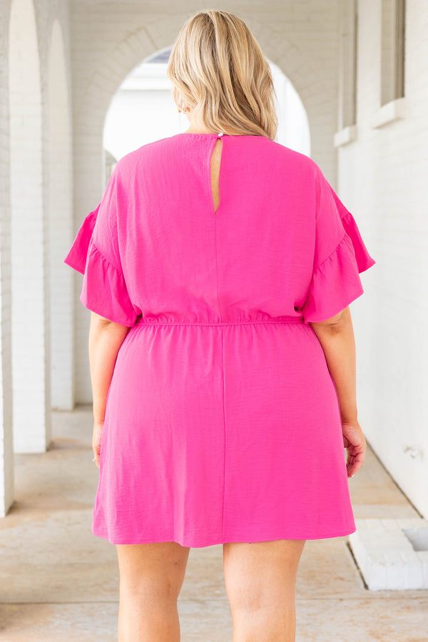 Chic Soul plus size clothing, bright pink short sleeve dress with tie waist