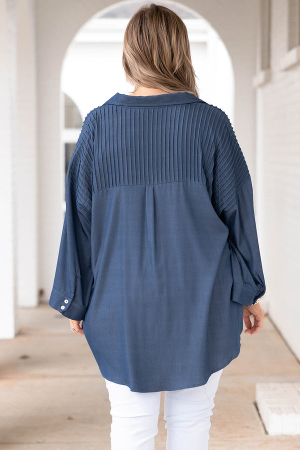 Chic Soul plus size clothing, denim colored button down top with open sleeves