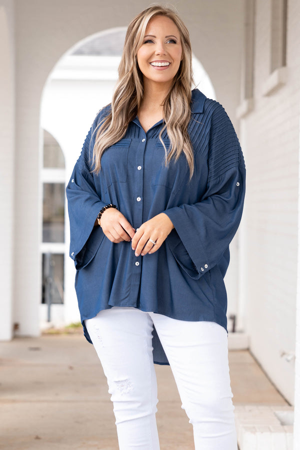 Chic Soul plus size clothing, denim colored button down top with open sleeves