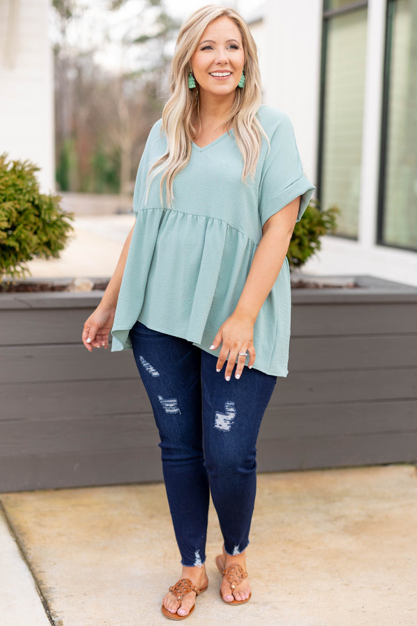 Chic Soul plus size clothing, aloe green v neck short sleeve babydoll casual top