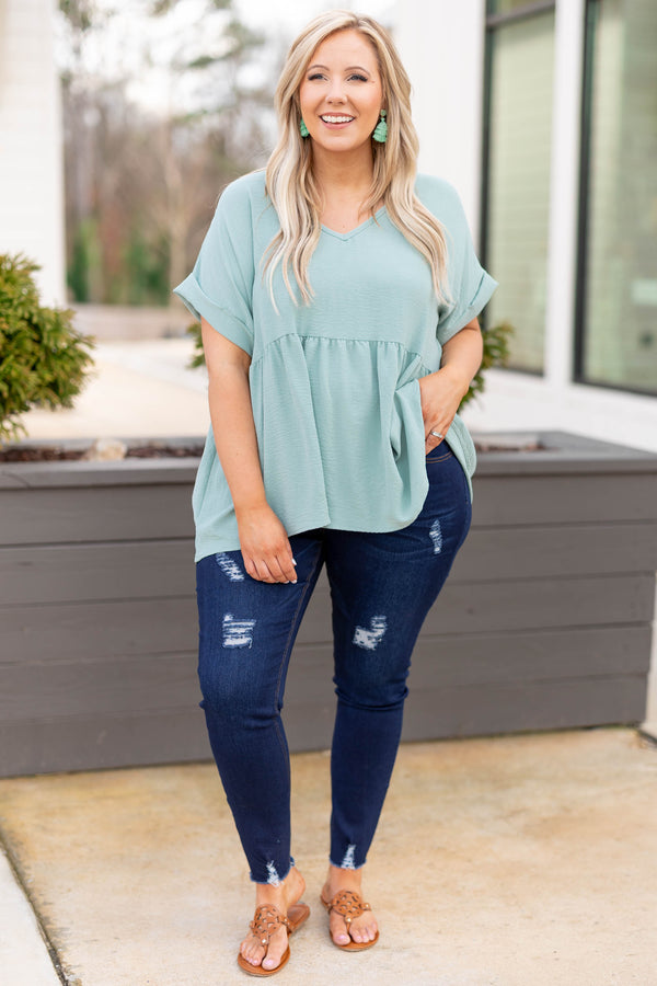 Chic Soul plus size clothing, aloe green v neck short sleeve babydoll casual top